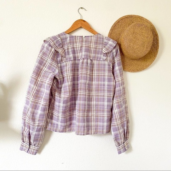 LOFT Frosted Lavender Plaid Ruffle Cropped Blouse S Small - Picture 4 of 11